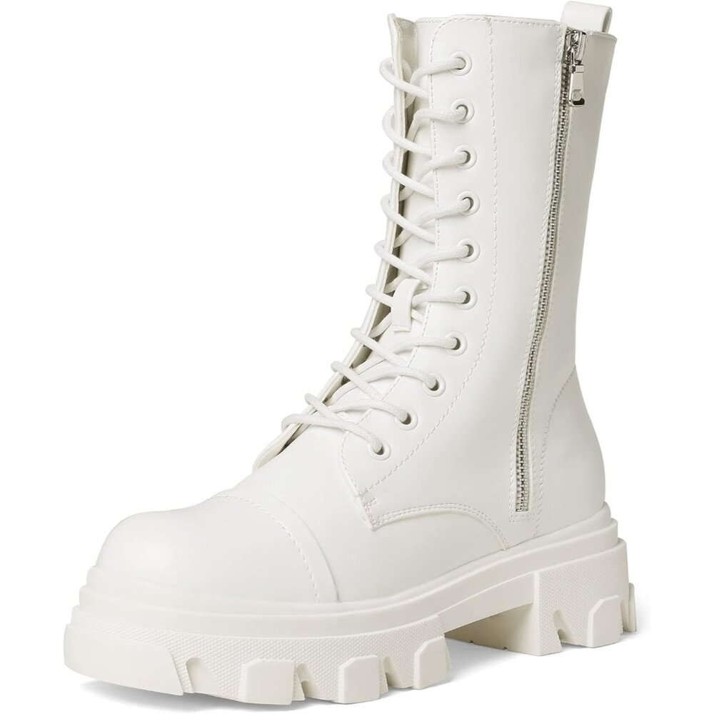 Women’s Combat Boots Lace up Mid Calf Boots Low Heel Chunky